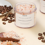 Load image into Gallery viewer, Coffee vanilla bath salt jar with Himalayan salt, coffee beans, and wooden scoop on cream background
