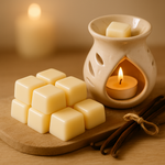 Load image into Gallery viewer, Soy wax melts and vanilla sticks beside a lit wax warmer on a wooden surface, cozy ambiance.