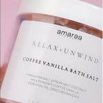 Load image into Gallery viewer, Amaraa Coffee Vanilla Bath Salt jar with Himalayan salt on a pink background