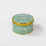 Load image into Gallery viewer, Lemongrass soy wax candle in green and gold tin on white background