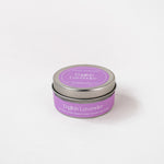 Load image into Gallery viewer, English Lavender soy wax candle in a purple tin on a white background
