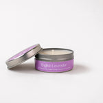 Load image into Gallery viewer, English Lavender soy wax candle in a round metal tin with purple label on white background