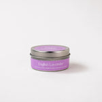 Load image into Gallery viewer, English Lavender soy wax candle tin with purple label on white background