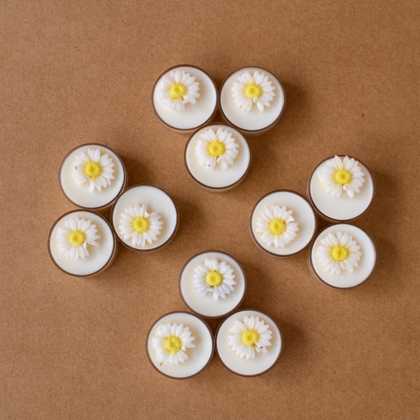 Daisy flower tea light candles arranged on brown background