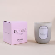 Natural soy wax candle in frosted glass with pink box by amaraa fragrances