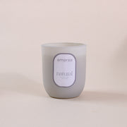 Amaraa Fragrances natural soy wax candle in frosted glass on neutral background
