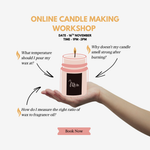 Load image into Gallery viewer, Online candle making workshop promo with a hand holding a pink candle, questions, and a book now button.