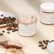 Coffee vanilla bath salt jar with Himalayan crystals, coffee beans, and wood scoop