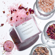 Amarra rose bath salt with pink Himalayan salt and dried rose petals in glass jars