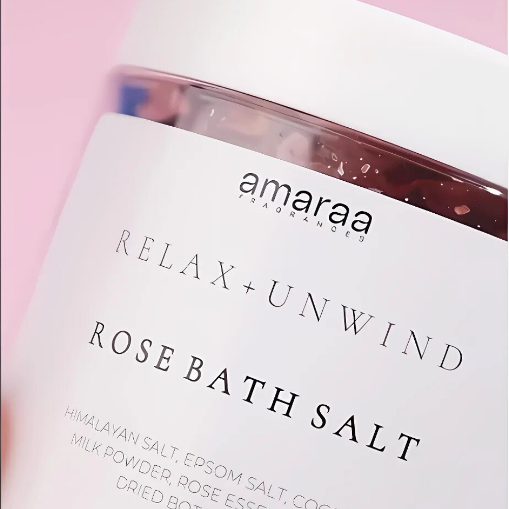 Amaraa rose bath salt jar with pink background, relax unwind Himalayan Epsom salt soak