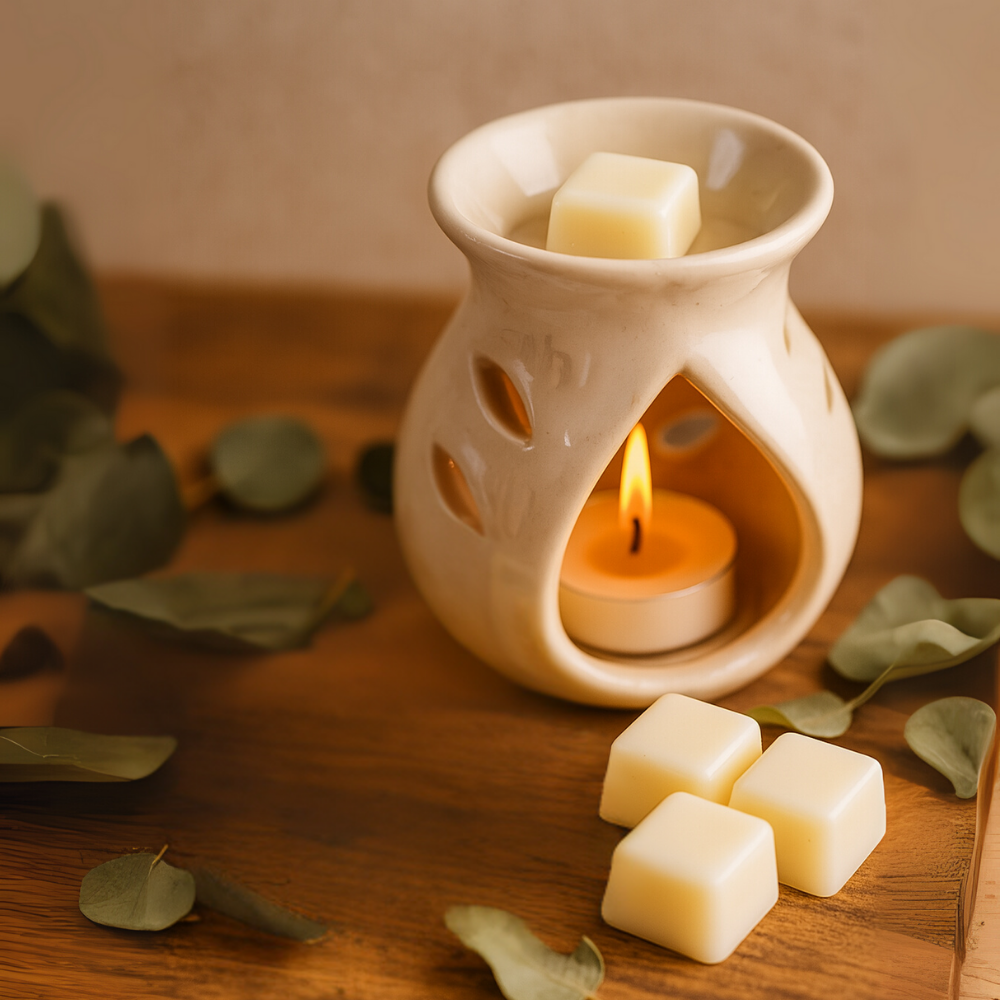 Ceramic wax melt warmer with tea light, wax cubes, and eucalyptus leaves on wood table