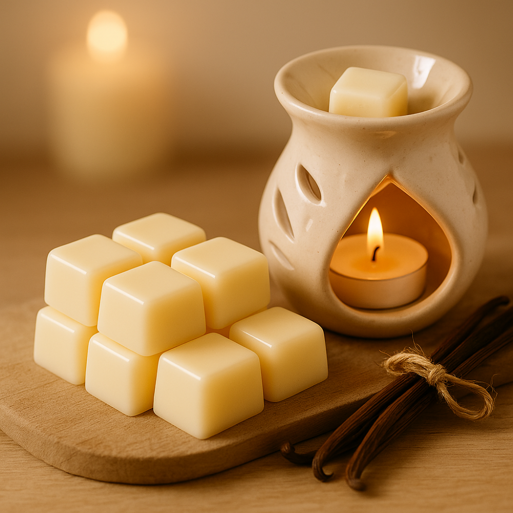Soy wax melts and vanilla sticks beside a lit wax warmer on a wooden surface, cozy ambiance.