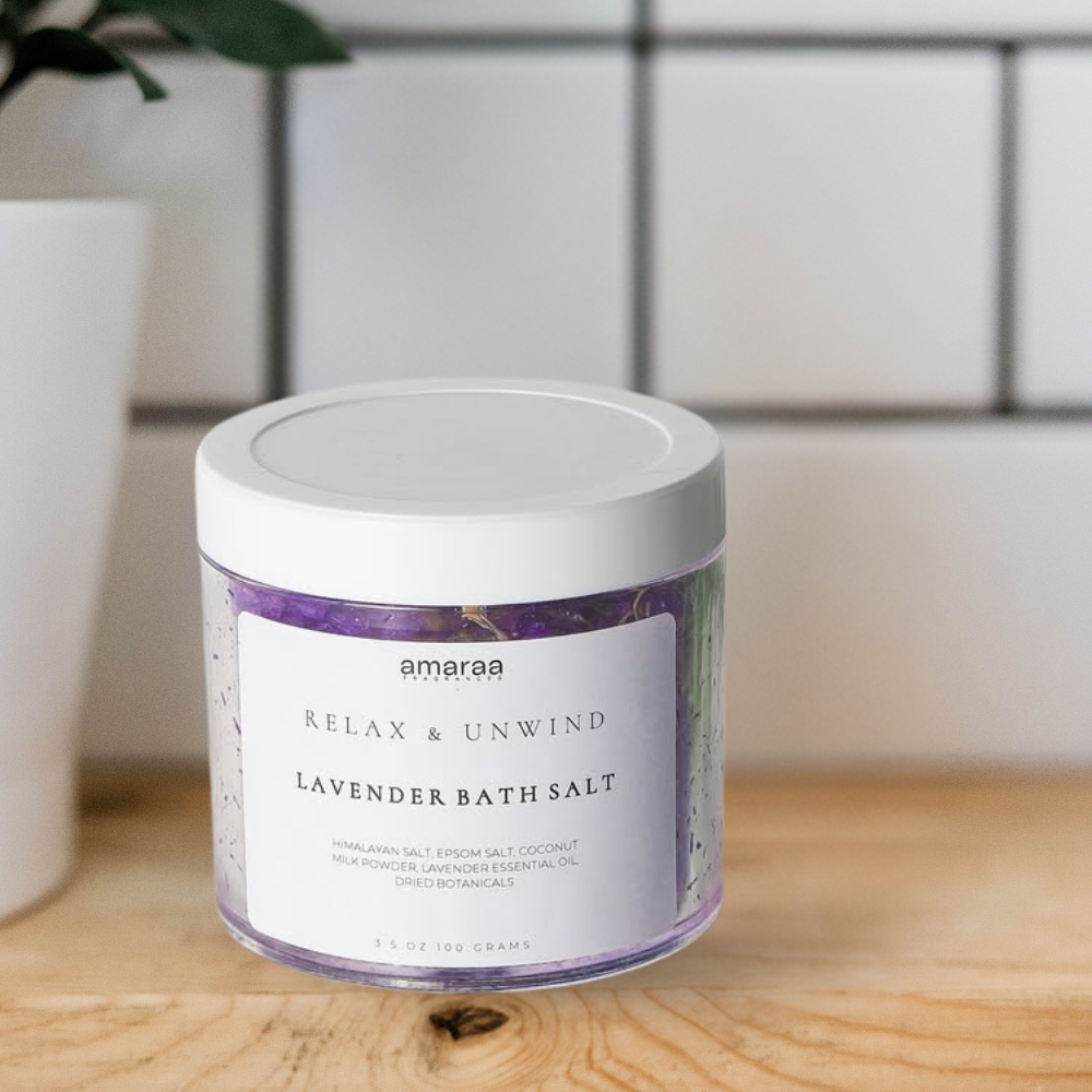 Lavender bath salt jar with white lid on wooden surface, tiled bathroom background