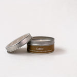 Load image into Gallery viewer, Coffee scented soy wax candle in metal tin with lid on white background