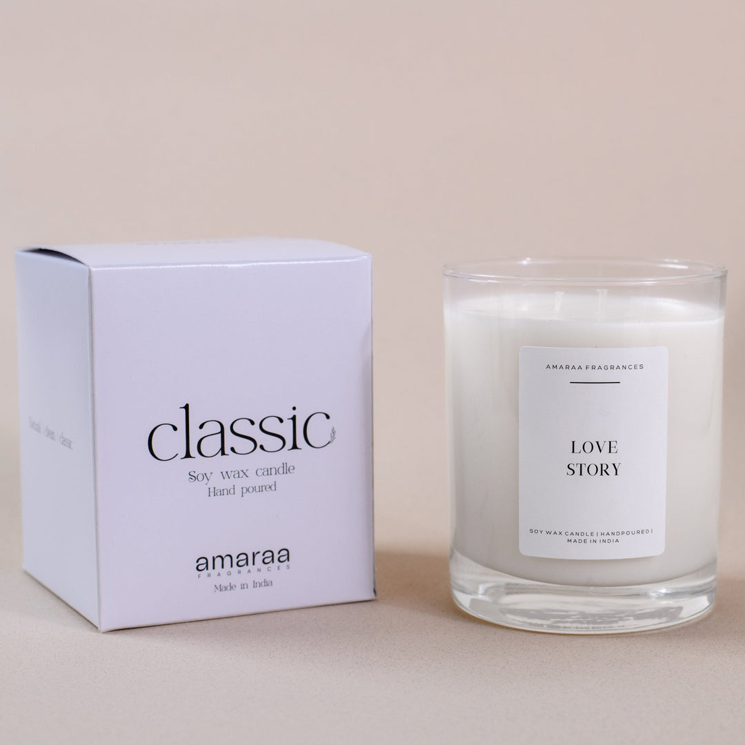 Classic soy wax candle in glass jar and box by Amaraa Fragrances, Love Story scent