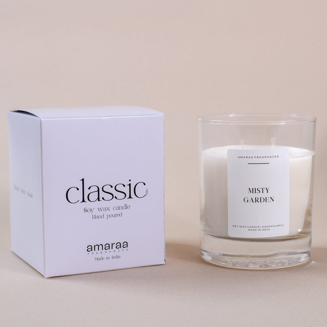 Amaraa Fragrances soy wax candle Misty Garden with classic box on beige background