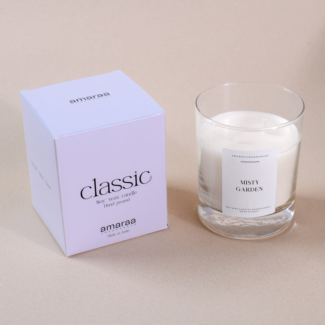 Amaraa Classic soy wax candle Misty Garden with box on beige background