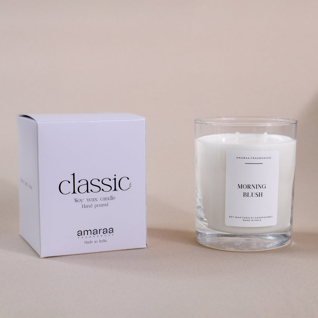 Classic soy wax candle Morning Blush by Amaraa Fragrances in glass jar with box