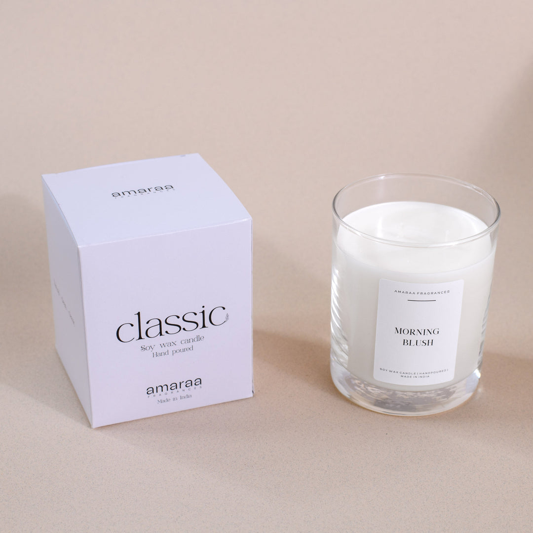 amaraaa classic soy wax candle and box, morning blush scent, minimalistic design