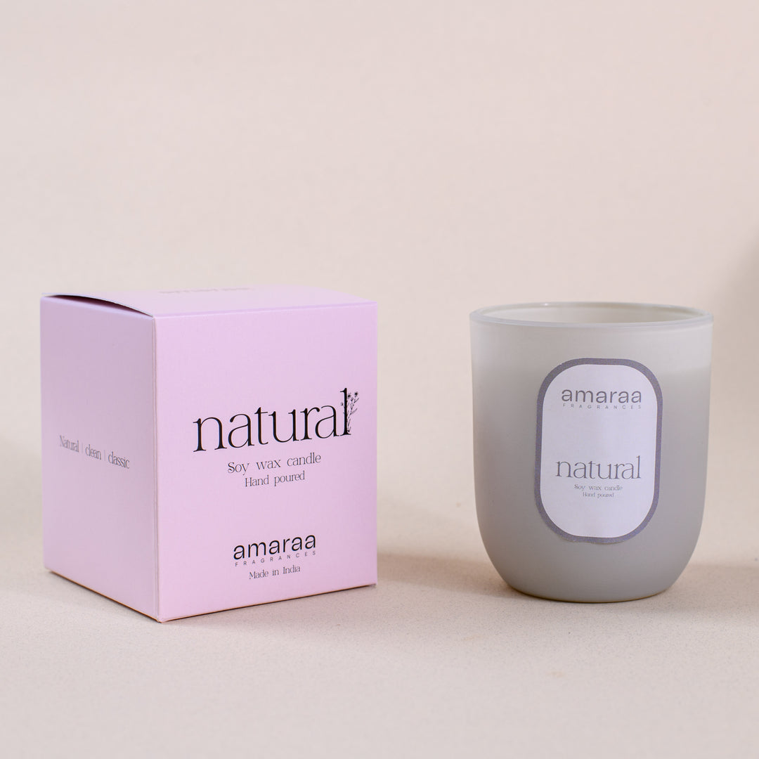 Natural soy wax candle in frosted glass with pink box by amaraa fragrances
