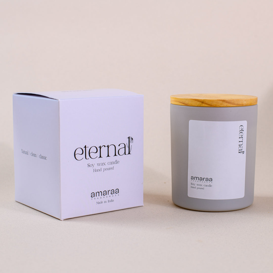 Eternal soy wax candle with wooden lid and branded box by Amaraa Fragrances
