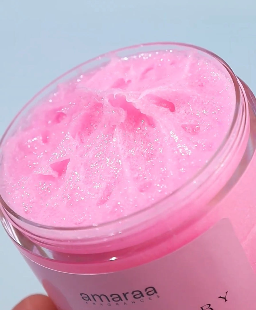 Amaraa Fragrances pink whipped body scrub with sparkles in a clear jar