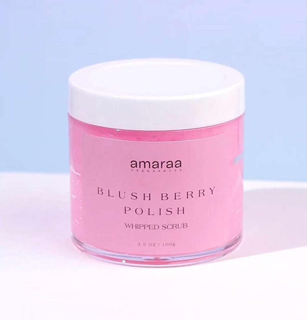 Amaraa Blush Berry Polish Whipped Scrub pink jar on pastel background