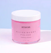 Amaraa Blush Berry Polish Whipped Scrub pink jar on pastel background