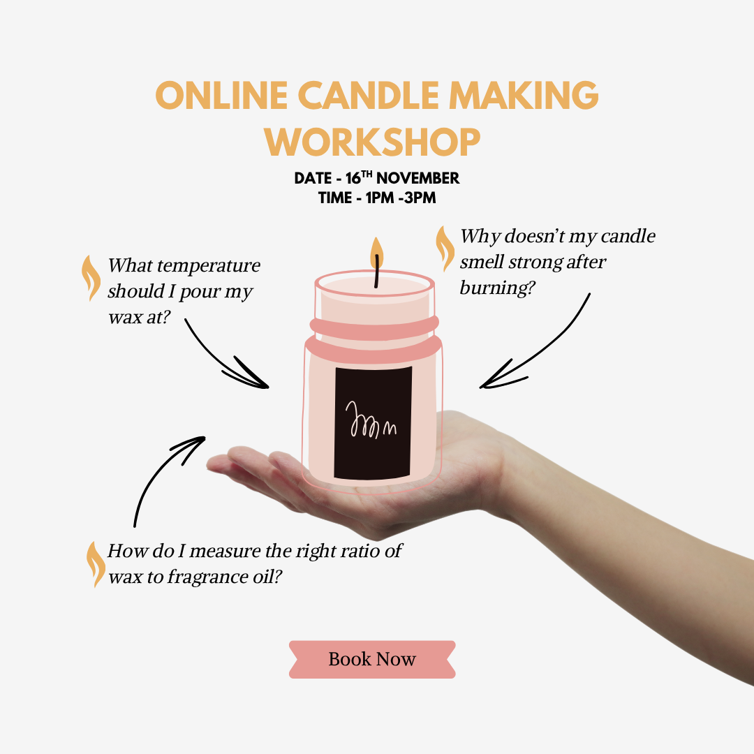 Online candle making workshop promo with a hand holding a pink candle, questions, and a book now button.