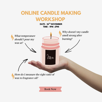 Online candle making workshop promo with a hand holding a pink candle, questions, and a book now button.
